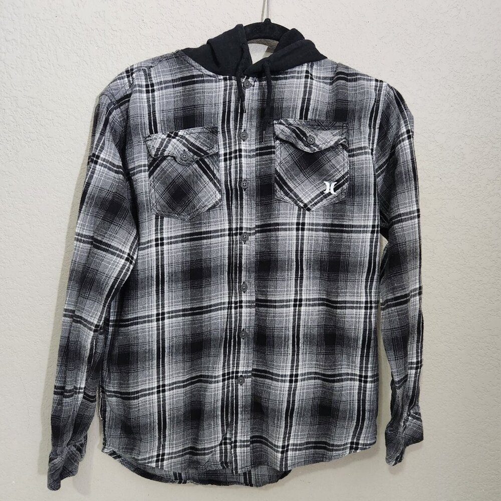 Hurley Hooded Mens Plaid Flannel Shirt Small Black White Button-Up Skater